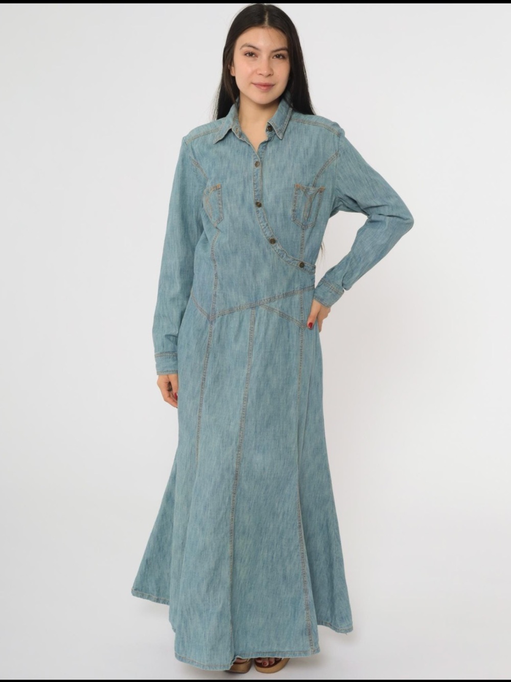 Jeanology Long Sleeve Western Cotton Denim Maxi Dress size 16 Boho Cowboy